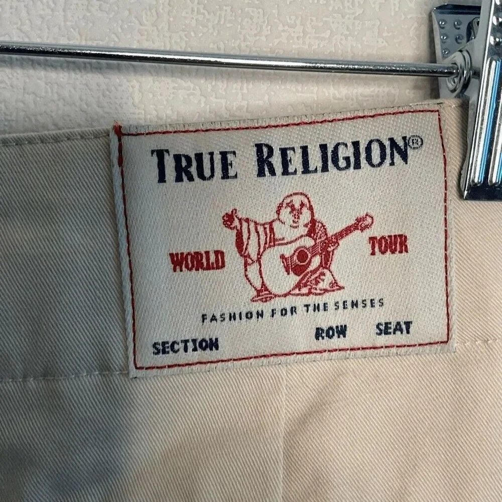 True Religion Men's Khaki Tan Cotton‎ Baggy Hi Rise Casual Cargo Shorts Size 33